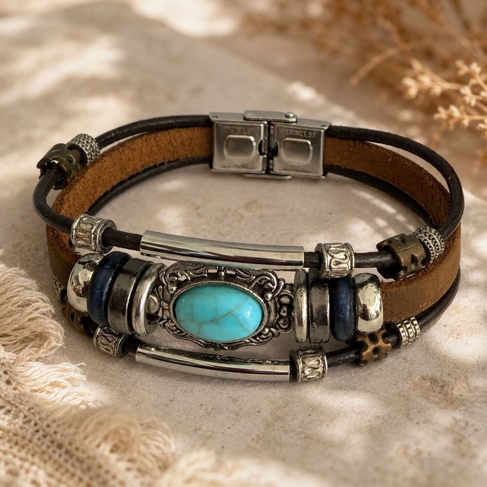 Western Layered Brown Bracelet - Faux Turquoise & PU Leather